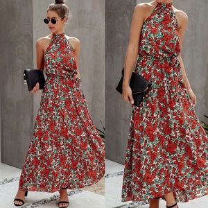 Boho floral print halter maxi dress